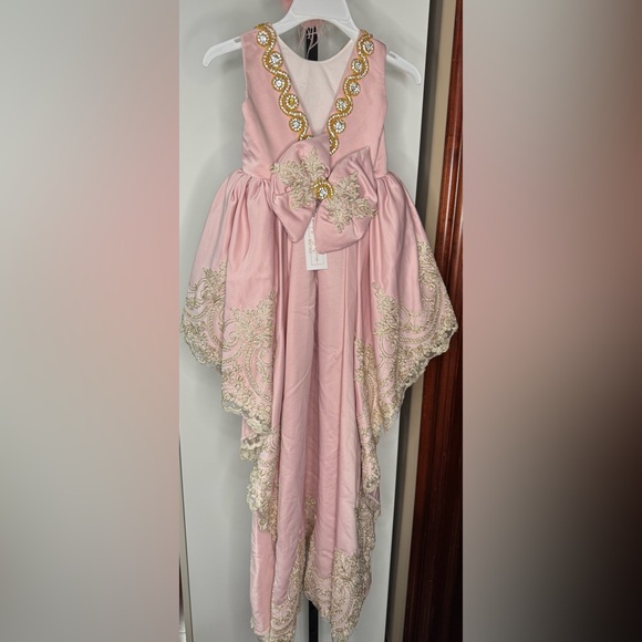 Handmade Graceful Pink and Gold hi low dress with Floral lace Embellishments - Picture 3 of 5